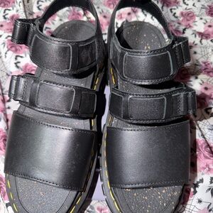 Dr. Martens Black Triple-Strap Sandals with Yellow Stitching